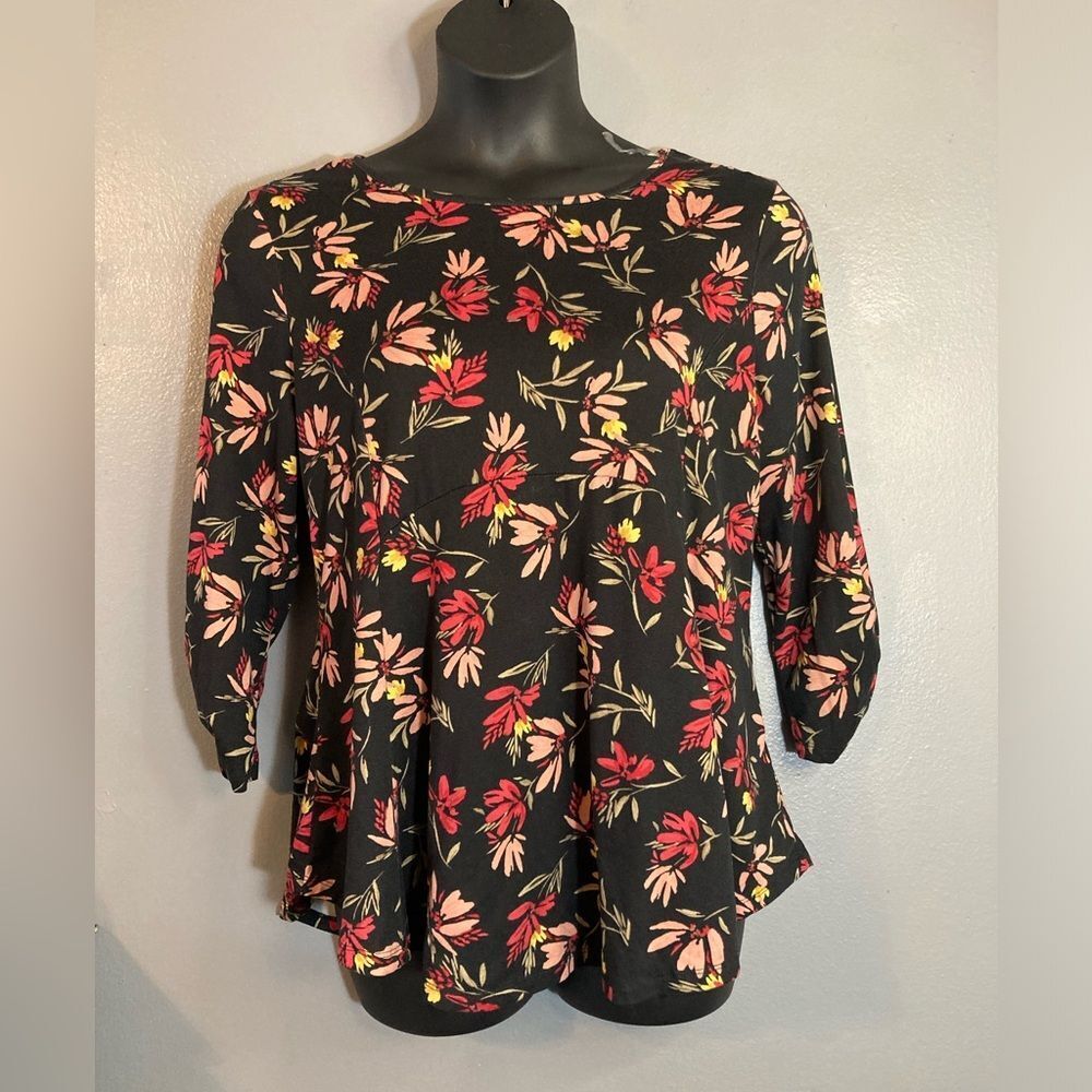 Bobeau black floral ruched sleeves top